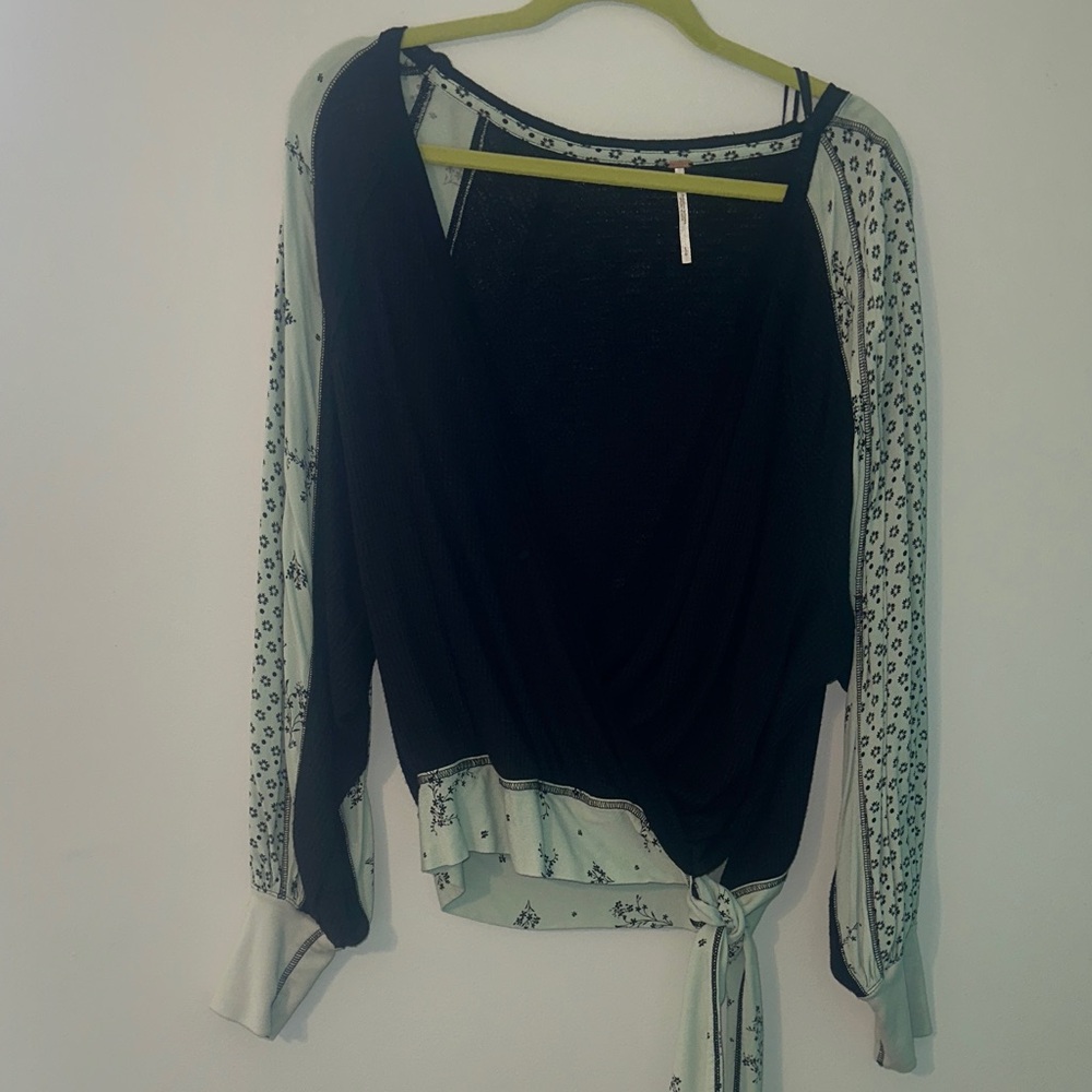 Free people Black and mint green Women's deep V neck top